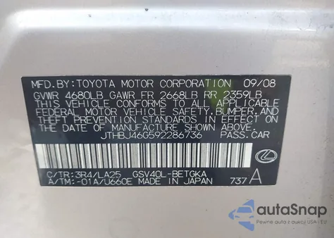 2009 Lexus Es 350 z USA, uszkodzony, nr VIN JTHBJ46G592286736